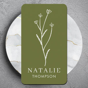 Trendy Boho Chic Minimalist Olive  Green Flower Business Card