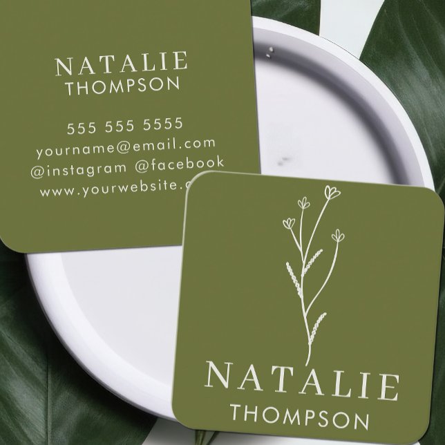 Trendy Boho Chic Minimalist Olive Green Flower Square Business Card (Creator Uploaded)