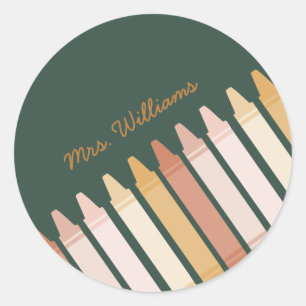 Trendy Boho Colours Crayon Teacher Name Classic Round Sticker