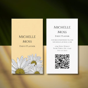 Trendy Boho Daisies QR code Beige Botanical Floral Business Card