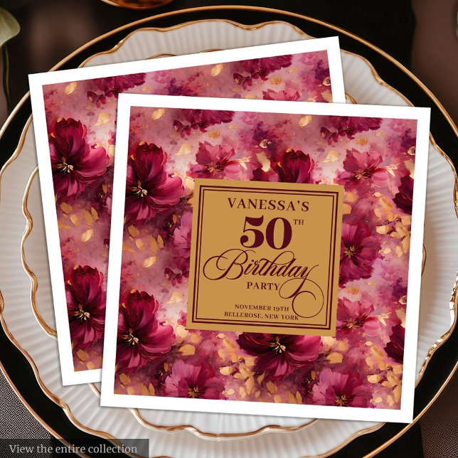 Trendy Boho Dark Red Blush Gold 50th Birthday  Napkin (Trendy Boho Dark Red Blush Gold 50th Birthday Paper Dinner Napkins )