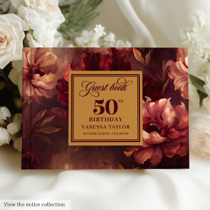 Trendy Boho Dark Red Blush Gold Flowers 50th Bday Guest Book