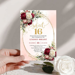 Trendy Boho Deep Red Gold Floral 16th Birthday  Invitation
