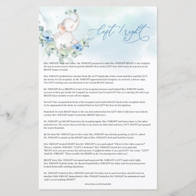 Trendy boho elephant blue floral Left Right game  (Front)