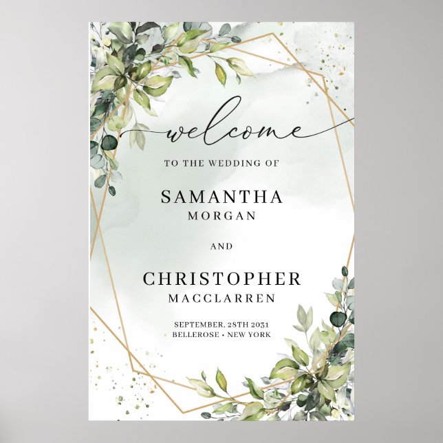 Trendy Boho eucalyptus gold frame wedding welcome Poster (Front)