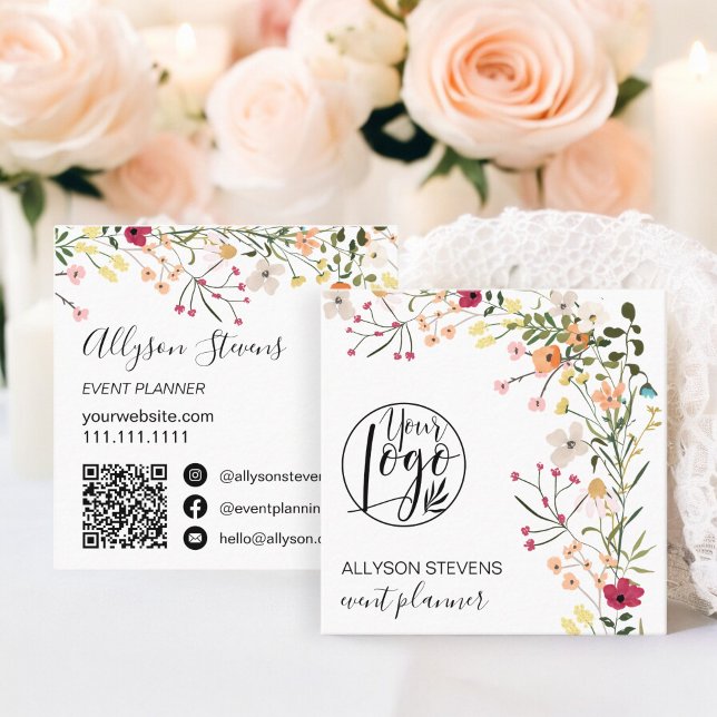 Trendy Boho floral event planner logo qr code Square Business Card (Trendy Boho floral event planner logo qr code Square Business Card on white)