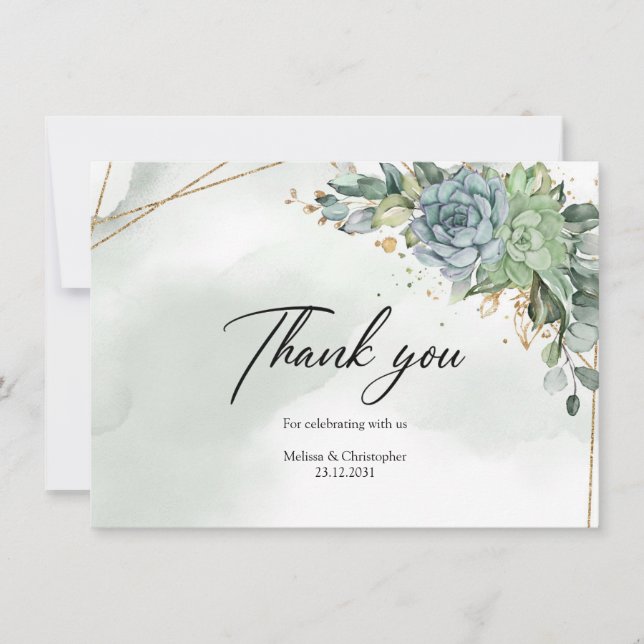 Trendy boho green succulents eucalyptus foliage thank you card (Front)