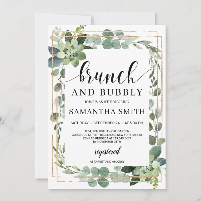 Trendy boho greenery succulent floral brunch invitation (Front)