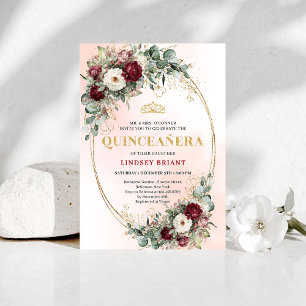 Trendy Boho Maroon Floral Eucalyptus Quince Invite