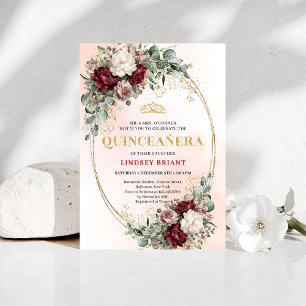 Trendy Boho Marsala Flowers Eucalyptus Quinceañera Invitation