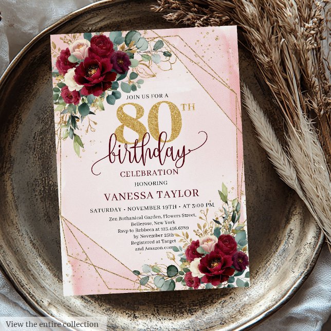 Trendy Boho Marsala Gold Flowers 80th Birthday  Invitation (Trendy Boho Marsala Gold Flowers 80th Birthday Invitation)