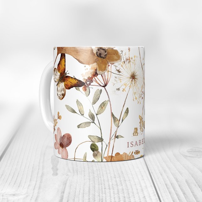 Trendy Boho Neutral Autumn Wildflowers on White Coffee Mug (Creator Uploaded)