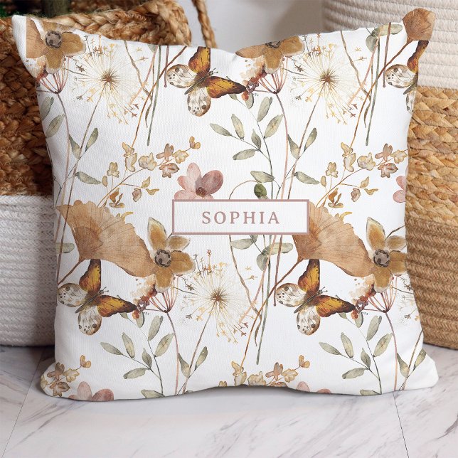 Trendy Boho Neutral Autumn Wildflowers on White Cushion (Creator Uploaded)