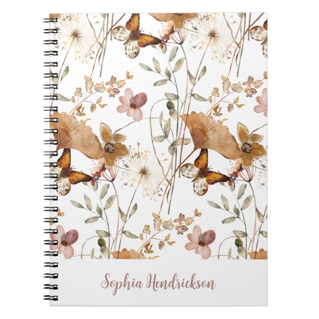 Trendy Boho Neutral Autumn Wildflowers on White Notebook (Front)