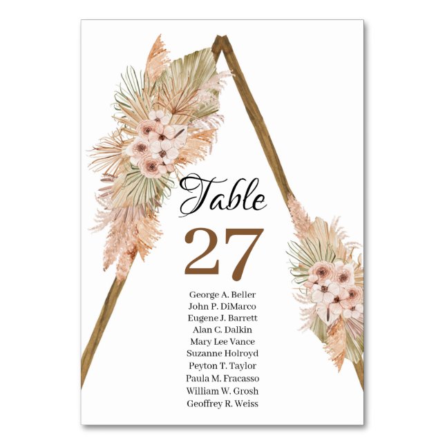 Trendy Boho Pampas Grass Dried Palm Wooden Arch Table Number (Front)