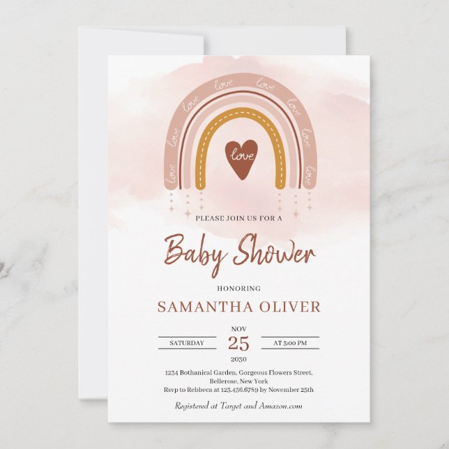 Trendy Boho Rainbow Dusty Pink and Dark Brown  Inv Invitation (Front)