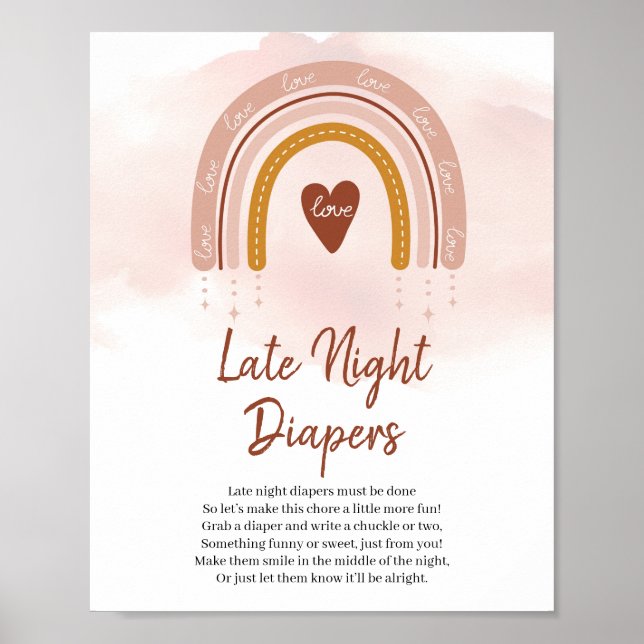 Trendy Boho Rainbow Late Night Diapers Game Sign (Front)