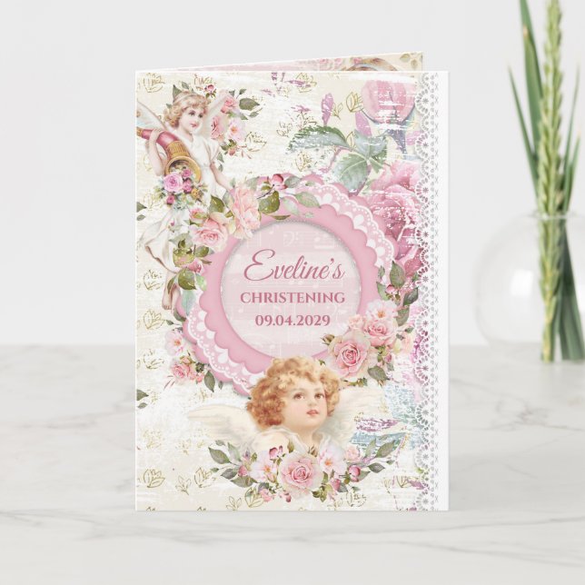 Trendy boho shabby chic angels baptism invitation (Front)