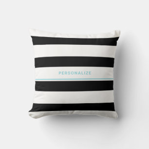 Trendy Bold Black White Stripes and Turquoise Name Cushion