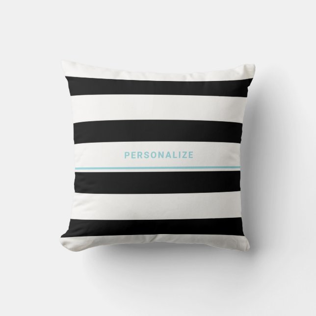 Trendy Bold Black White Stripes and Turquoise Name Cushion (Front)