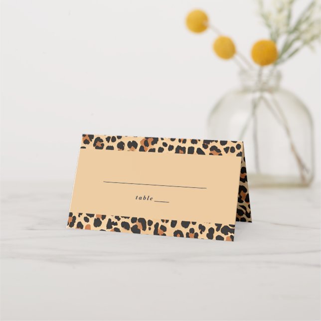 Trendy Bold Brown and Beige Leopard Print Pattern Place Card (Front)