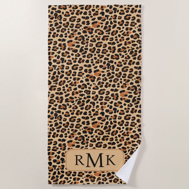 Trendy Bold Leopard Print Custom 3 Letter Monogram Beach Towel (Front)