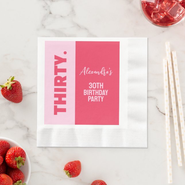Trendy Bold Pink and Red Girly 30th Birthday Napkin (Insitu)