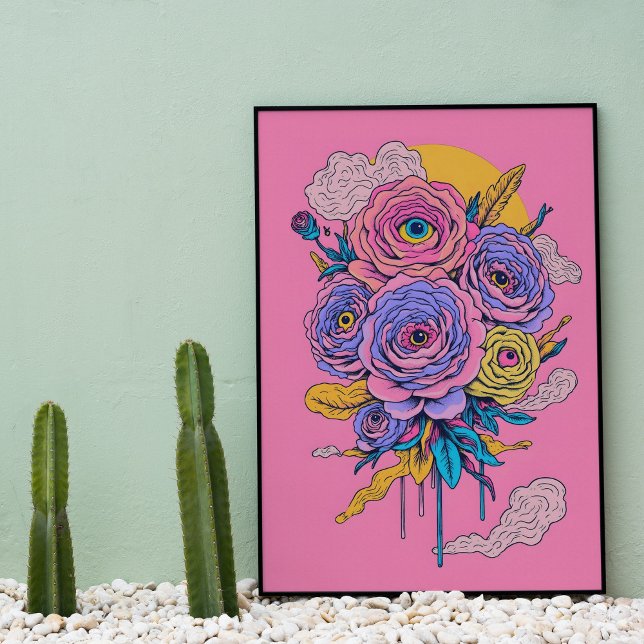 Trendy Botanical Flower Wall Art Poster (Trendy pink aesthetic retro flower eyes poster for wall art or use in furniture decoupage.  )