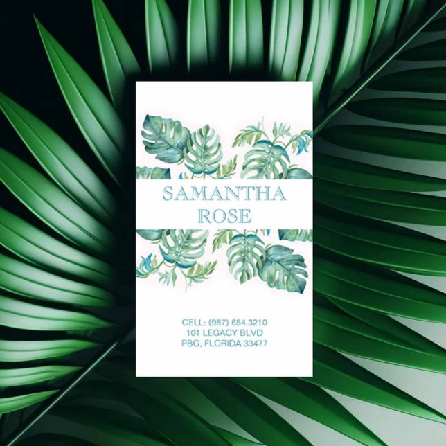 Trendy Botanical Monstera Palm Leaves Coastal Business Card (Tropical business cards watercolor monstera palm leaves by Victoria Grigaliunas Do Tell A Belle)