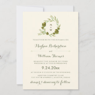 Trendy Botanical Wreath with Leaves and Artichokes Invitation