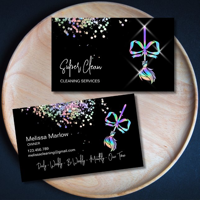 Trendy Bow Maid Cleaning House Sparkling Holograph Business Card (holograph broom with a bow cleaning services logo design)