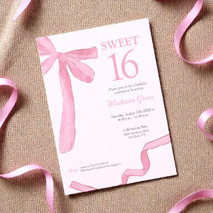 Trendy Bow Ribbon Coquette Sweet 16 Blush Pink  Invitation
