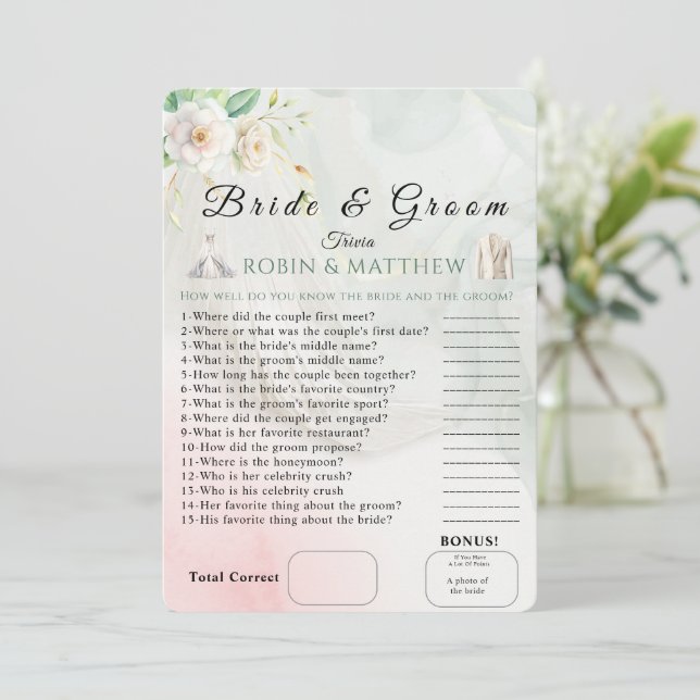 Trendy Bride & Groom Trivia Wedding  Game Invitation (Standing Front)