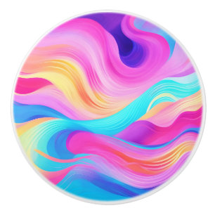 Trendy Bright Blue Pink Yellow Abstract Pattern Ceramic Knob