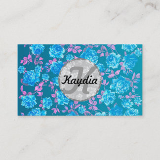 Trendy Bright Blue Teal Vintage Floral Monogram Business Card