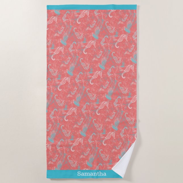 Trendy Bright Coral Sea Life Beach Towel (Front)