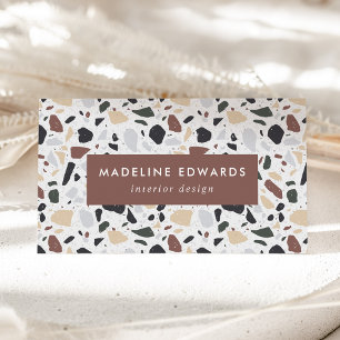 Trendy Brown Green & Gold Terrazzo Business Card