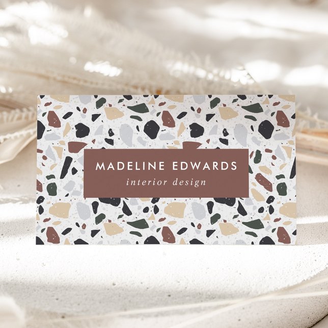 Trendy Brown Green & Gold Terrazzo Business Card (Creator Uploaded)