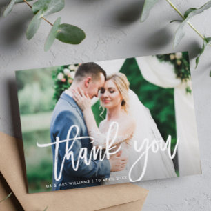 trendy brush lettering wedding thank you card