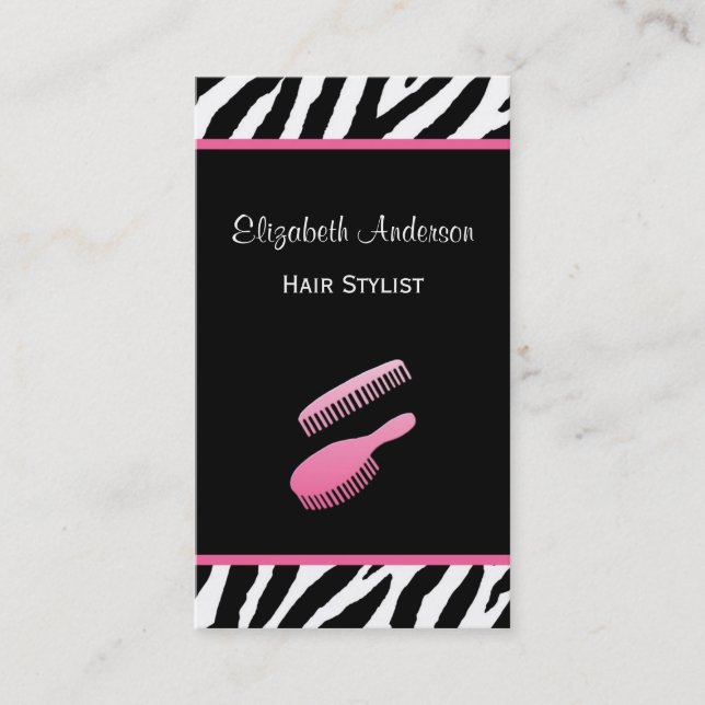 Trendy Brush Pink and Black Zebra Hair Salon Business Card (Front)