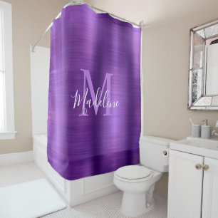 Trendy Brushed Metallic Purple Script Monogram Shower Curtain