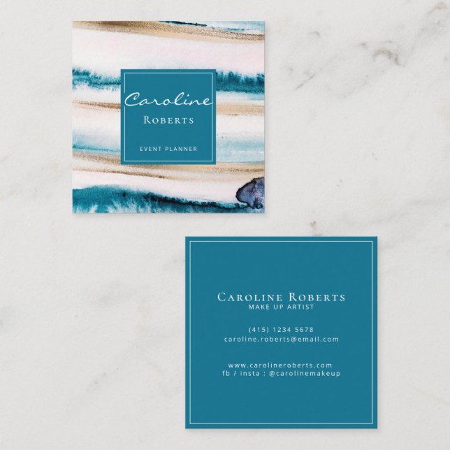 Trendy Brushstrokes Watercolors Unique Blue Gold  Square Business Card (Front/Back)