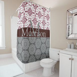 Trendy Burgundy and Grey Damask Monogram Shower Curtain