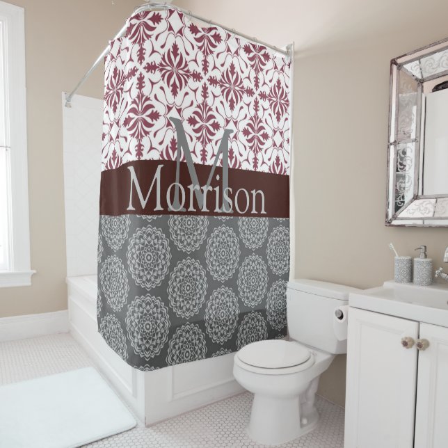 Trendy Burgundy and Grey Damask Monogram Shower Curtain (In Situ)