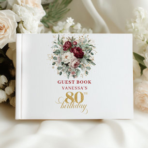Trendy Burgundy Floral 80th Birthday Guest Book