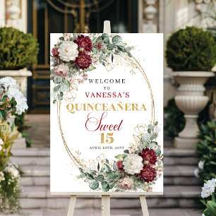 Trendy Burgundy Floral Eucalyptus Quinceanera Sign