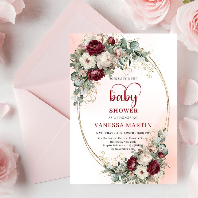 Trendy Burgundy Flowers Eucalyptus Baby Shower  Invitation (Trendy Burgundy Flowers Eucalyptus Baby Shower Invite)