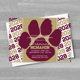 Trendy Burgundy & Gold Graduation Pawprint Clear Acrylic Invitations