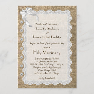 Trendy Burlap Lace And Pearls Wedding Invite
