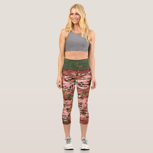 Trendy Burnt Amber Green Camo Personalised Capri Leggings (Front)
